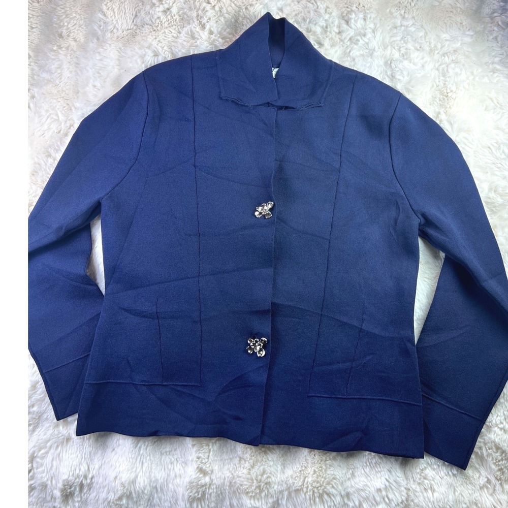 Zara Navy Blue Knit Jacket Floral Button Cardigan Blazer Medium NEW A24